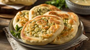 a plate of roasted garlic and herb flatbread