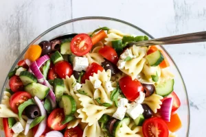 Mediterranean pasta salad photographed from above in a clear glass bowl. The salad contains bow-tie pasta mixed with fresh vegetables including red cherry tomatoes, sliced cucumbers, halved red bell peppers, diced purple onions, and black olives