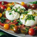 Two large white burrata rounds are garnished with fresh chopped green parsley and black pepper. The burrata is surrounded by a variety of tomatoes