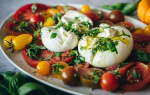 Two large white burrata rounds are garnished with fresh chopped green parsley and black pepper. The burrata is surrounded by a variety of tomatoes