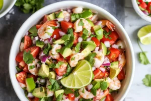 pink shrimp chunks, diced red tomatoes, chopped green avocados, and finely chopped fresh cilantro leaves