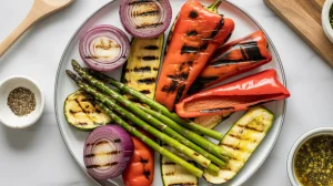 grilled vegetables on a white ceramic plate. The plate contains charred red bell peppers, grilled purple onions in circular slices, bright green asparagus spears
